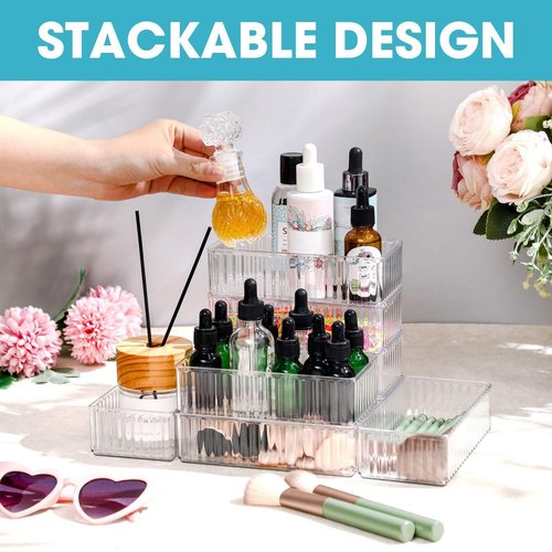 Teenyyou 8 Pcs Clear Drawer Organizers Bins Stackable Makeup and Vanity Organizer Trays Clear Plastic Drawer Organizers Set for Office Desk Dividers (6.3 x 3.15 x 1.8 Inches)