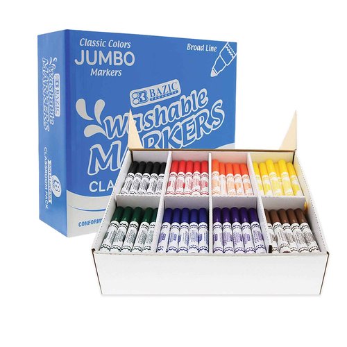BAZIC Products Washable Markers Broad Line 8 Color, Classroom Bulk Pack Jumbo Size Coloring Marker, Non Toxic Marcadorc Art School Supplies (200/Pack), 1-Pack