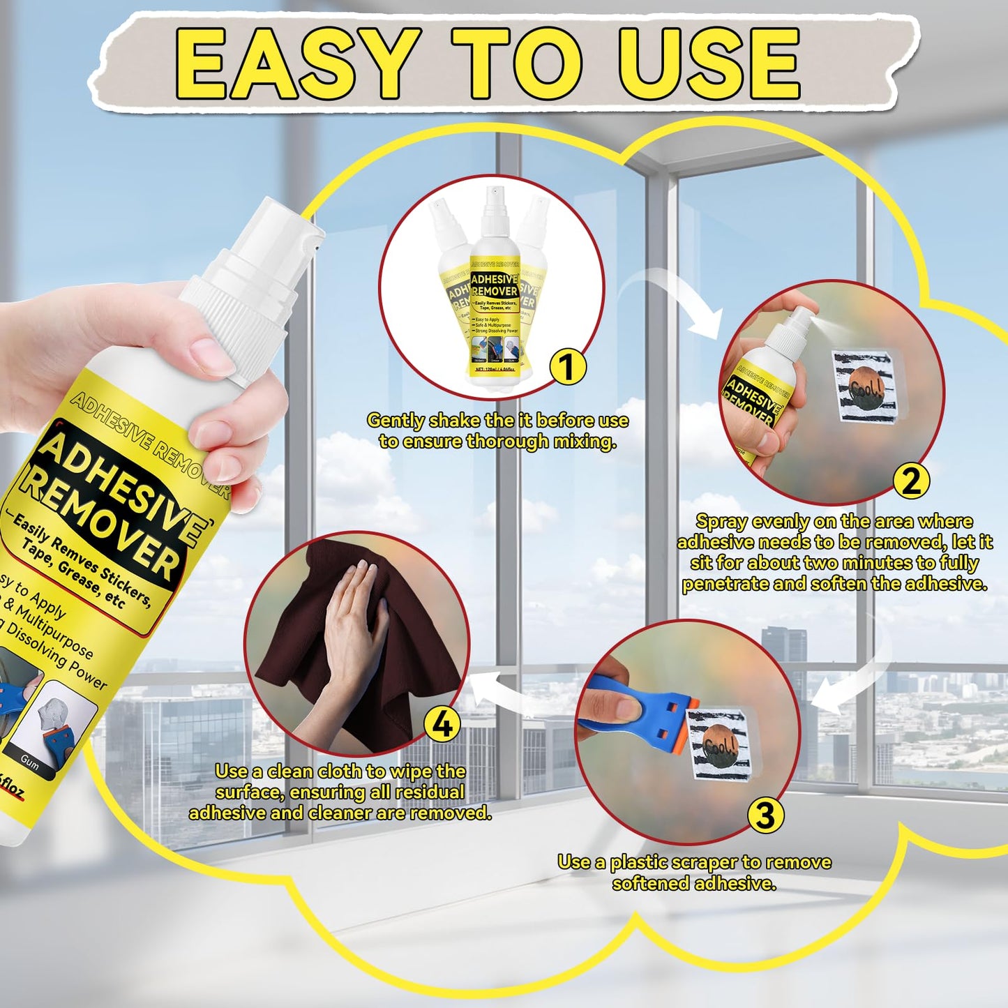 Nexkayee Adhesive Remover, Multipurpose Sticker and Label Cleaner, Surface-Safe Glue Remover with Plastic Scraper, Quickly Removes Decals, Tape Residue, Gum, Tar and Grease, 4.06 fl oz (120ml)