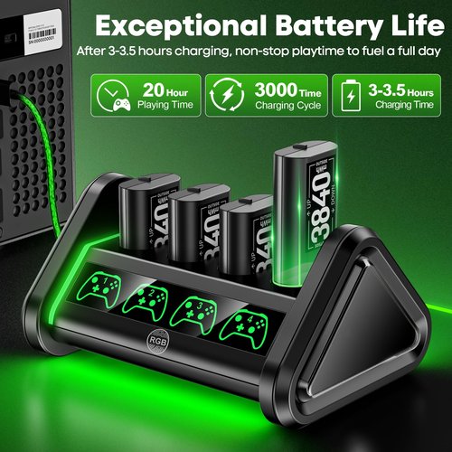 Rechargeable Battery for XboxOne/Xbox Series X|S, 4 x 3840mWh Xbox Battery, Xbox Series Battery Charger Station for XboxOne S|X /Elite Controllers