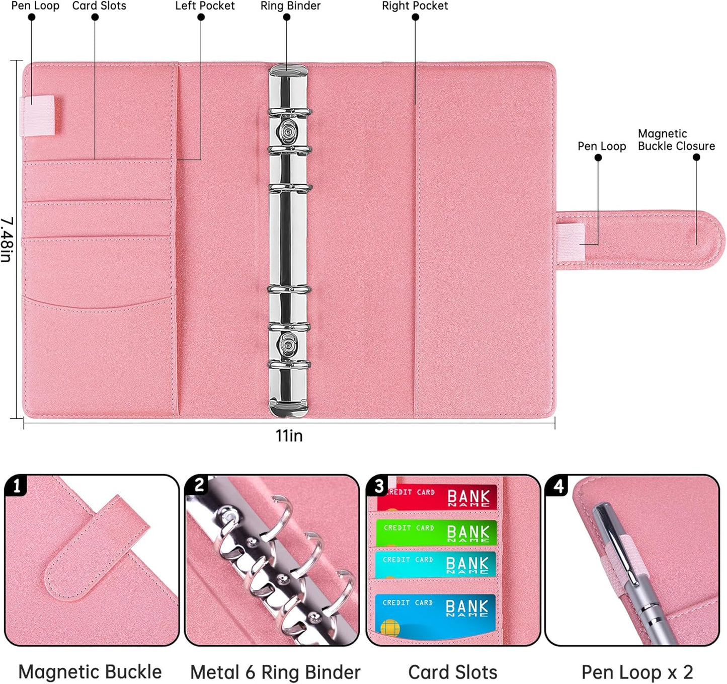 Antner A6 Notebook Binder - Refillable 6 Ring Budget Planner Organizer in Glitter Pink with Magnetic Buckle
