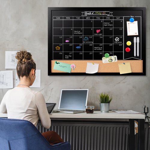 Board2by Monthly Chalkboard Calendar & Cork Board for Wall, 24"x36" Magnetic Chalk Calendar Board Combo Board, Large Wall Mounted Combination Board Blackboard for Office, Kitchen, School, Home, Black