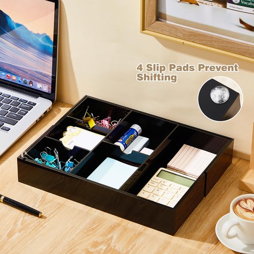 Briwooody 1 Pc Acrylic Desk Drawer Organizer Maximum 12 x 18 x 2.1 Inch Expandable Drawer Organizer Trays with 8 Adjustable Compartments Desk Accessories for Makeup Silverware Office Bathroom (Black)