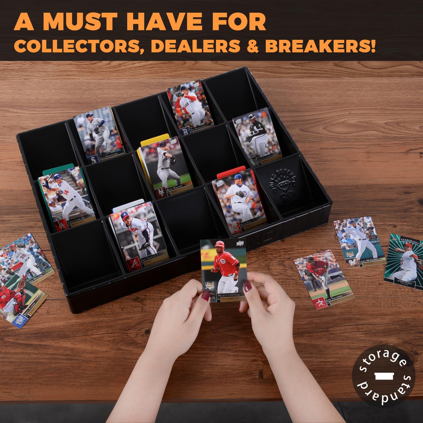 Storage Standard 2 Pack Card Sorting Tray - Stackable Trading Cards Organizer, 15-Compartment Playing Organizing Tool - Sorter for Raw, Sleeved and Toploaders, Includes Label Dividers