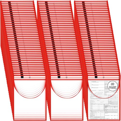 80 Pack Red Job Ticket Holder with Hanging Strap Shop Bulk Oversized Ticket Holders Work Order Plastic Sleeves 10 x 14 Dry Erase Pockets Reusable Repair Order Sleeves, Both Sides Clear