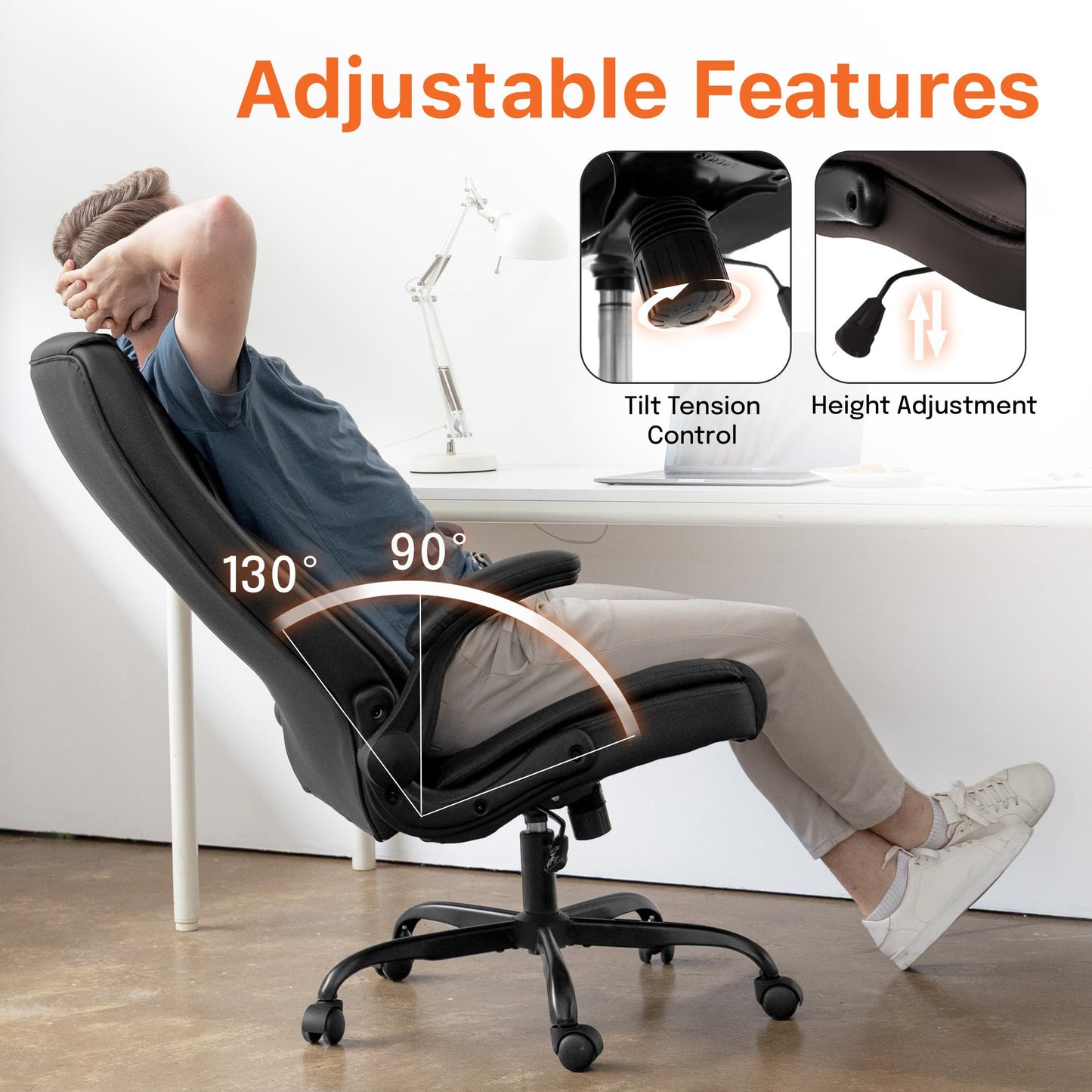 NEO Chair Ergonomic Office Chair PU Leather Executive Chair Padded Flip Up Armrest Computer Chair Adjustable Height High Back Lumbar Support Wheels Swivel for Gaming Desk Chair