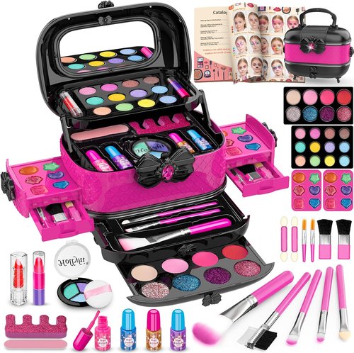 Hollyhi Kids Makeup Kit - 58 Pcs Real Washable Cosmetic Set with Mirror | Perfect Birthday Gift for Girls Ages 3-12 (Rose)
