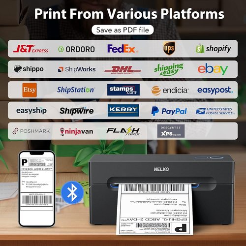 Nelko Bluetooth Thermal Shipping Label Printer - Black | Includes 500 Genuine 4x6 Direct Thermal Labels