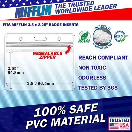 Mifflin-USA Horizontal Plastic Card Holder with Metal Clip and Vinyl Straps (Clear, 3.5x2.25 Inch, 250 Pack), Waterproof PVC ID Name Badge Holder with Clip