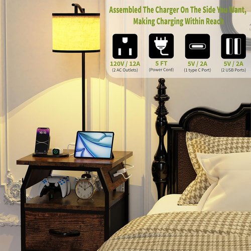 Runjuly Floor Lamp with Table - 3-Color Temperature Bulb, 2 Drawers & Charging | Rustic Brown Design for Bedroom & Apartment