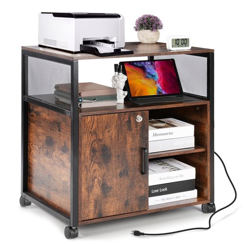 Rengue Lateral File Cabinet,Locking Office Filing Cabinets with Socket and USB Charging Port,Mobile Printer Table with Wheels for Home Office Storage and Organization,Height Adjustable Storage Shelf