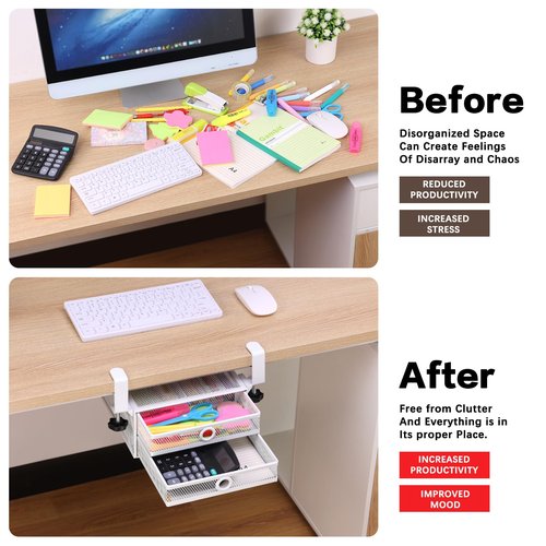 ROSLINE Under Desk & Desktop Drawer Organizer - 2-Tier Metal Slide Out Drawers Organizer, Storage for Home Office Desk (White)