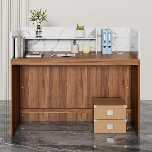 UEV Modern Reception Desk with Counter, Front Desk Reception Room Table with Cable Grommet, Marble Top Front & Led Lights, Retail Counter for Beauty Salon, Checkout, Home Office