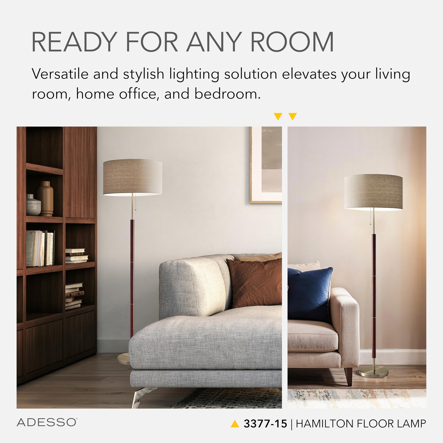 Adesso Floor Lamp with Natural Oak Veneer and Off-White Fabric Lampshade – 3-Way Adjustable Brightness, Lamp for Bedroom, Living Room, and House Décor, 60.25” x 21”