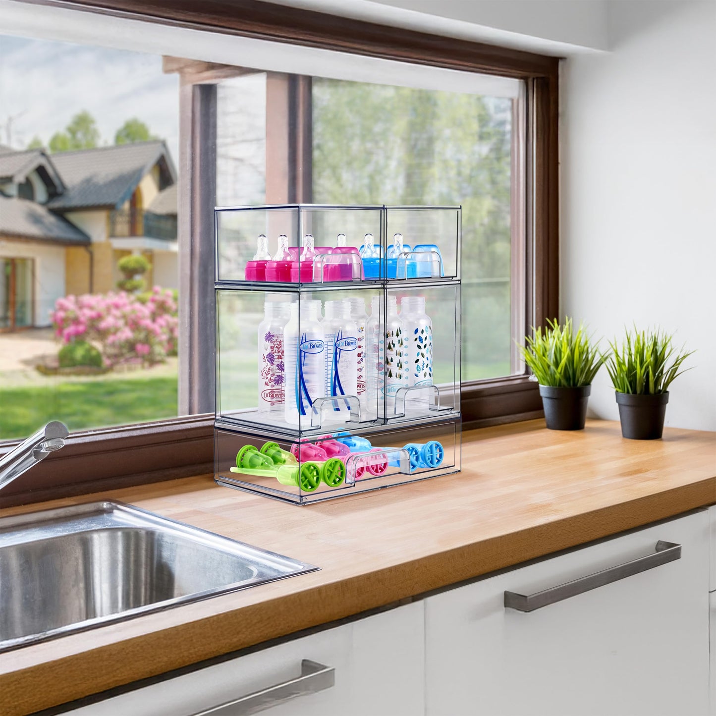 Sorbus Stackable Acrylic Storage Drawers – 2 Small + 1 Wide – 3 Pack Clear Plastic Organizer Bins for Baby Bottles, Makeup, Bathroom & Vanity, Pull-Out Drawer Design for Kitchen Cabinets