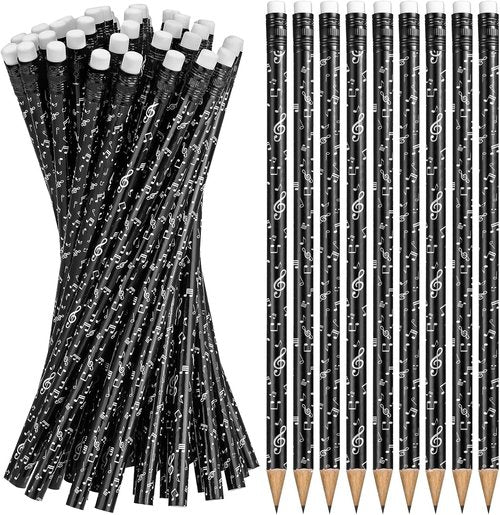 Chinco Music Note Pencils - 24 Fun Black & White Round Pencils with Erasers for Kids & Classroom Supplies