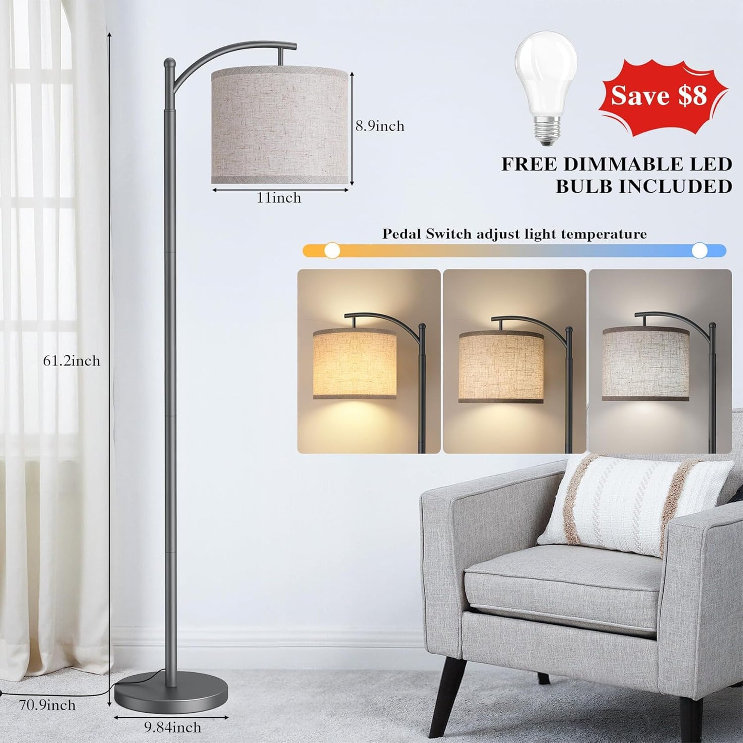 Skiennix Floor Lamp - Tall Industrial Design with 3 Color Temperatures | Beige Lampshade Included