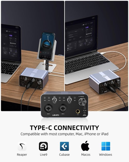 LEKATO 2i2 USB Audio Interface, 24-bit/192kHz Audio Interface with XLR, 48V Phantom Power for Smartphone Computer Recording, Streaming, Guitar, Music Production, Podcast