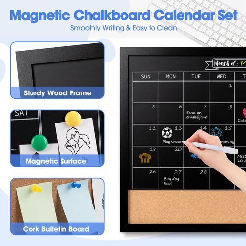 Board2by Monthly Chalkboard Calendar & Cork Board for Wall, 24"x36" Magnetic Chalk Calendar Board Combo Board, Large Wall Mounted Combination Board Blackboard for Office, Kitchen, School, Home, Black