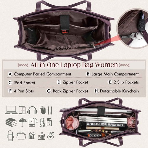 RAINSMORE Laptop Bag for Women, 15.6 inch Laptop Tote Bag PU Waterproof Computer Work Bags for Women Professional Business Office Briefcase Lightweight Shoulder Handbags, Purple