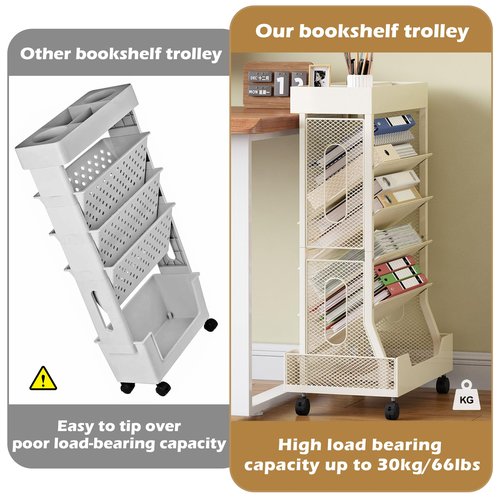 Book Cart with Wheels Mobile Bookshelf Rolling Bookshelf Organizer Bookcase Book Storage Rack, Book Movable Rolling Carts with Wheels for Office School, Beige