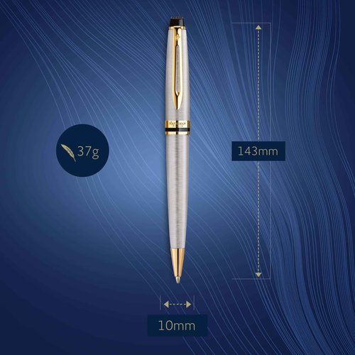 Waterman Expert Ballpoint Pen, Stainless Steel with 23k Gold Trim, Medium Point with Blue Ink Cartridge, Gift Box