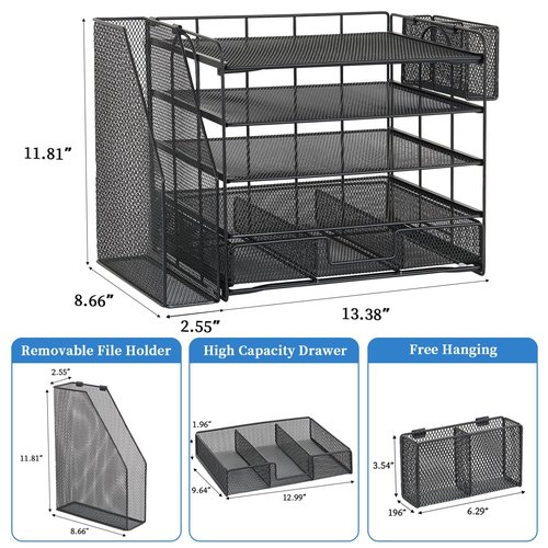 Gugsey Desk Organizer with File Holder, 5-tier Paper Letter Tray File Organizer with Drawer and Pen Holder, Mesh Desktop Office Organization and Storage for School Home Office Supplies(Black)