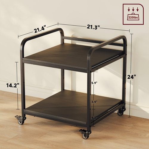 RoleDec 2-Tier Large Under Desk Printer Stand with Storage, 3D Printer Table with Height Adjustable Shelf & Charging Plug, Rolling Cart with Wheels for Home Office (Obsidian Black)