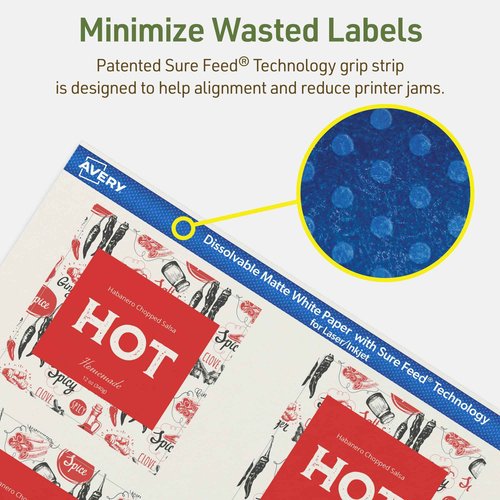 Avery Dissolvable Square Labels, Sure Feed Technology, 3" x 3", Matte White, Print-to-The-Edge, Laser/Inkjet Printable, 150 Labels Total