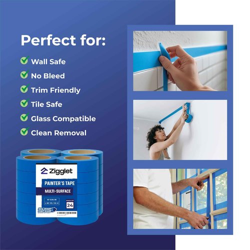 Zigglet Blue Painters Tape – Wide Masking Tape for Painting Walls & Trim, Clean Removal, No Residue – Heavy Duty Blue Tape for DIY, Multi‑Surface Paint Tape for Professionals - 60 Yards | Pack of 24