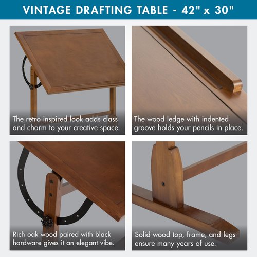 Studio Designs Vintage Drafting Table - Antique Design Solid Wood Drafting Table with Built-In Pencil Groove and Pencil Ledge - Angle Adjustable Work Surface