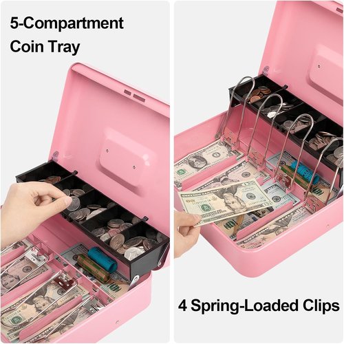Jssmst Cash Box - Secure Pink Cash Box with Combination Lock & Money Tray | Large 11.8'' x 9.5'' x 3.5''