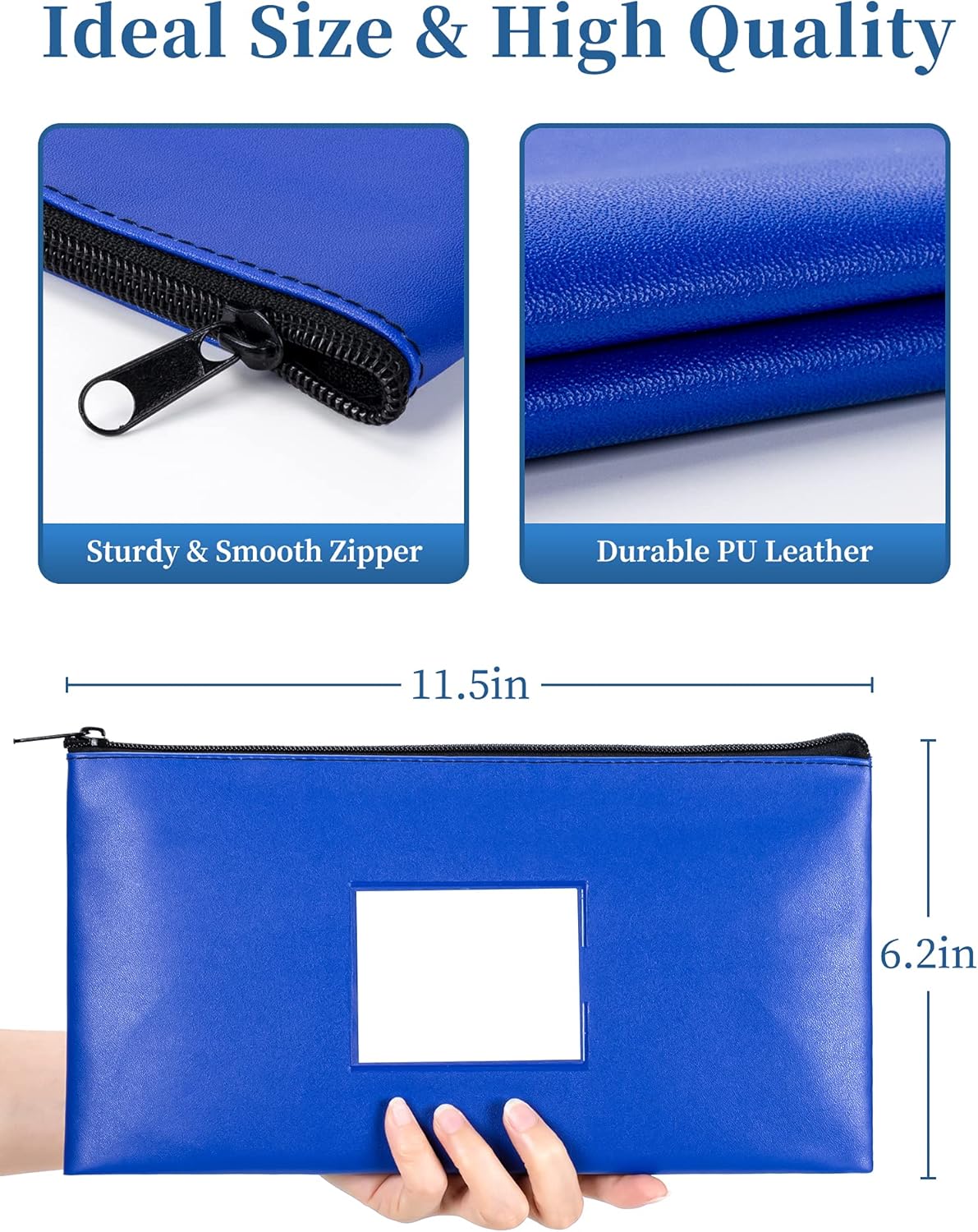 SMARTAKE 10-Pack Money Bags - Zippered Leather Wallet Pouches for Cash, Coins & Cosmetics | 11.5 x 6.2 Inches (Blue)