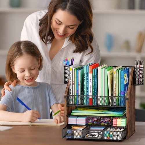 SWTYMIKI Desk Organizer with Drawers - Mesh and Wood Desk File Organizer with Pen Holders, 4-Tier Paper Organizer for Office Organizer and Accessorie, School and Home Storage, Espresso
