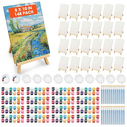 148 Pack Canvas and Easel Set for Party 8 x 10 In Canvas Boards for Painting with 12.2" Easels Brushes Paint Trays & Acrylic Paints Canvas Painting Kit for Kids Adults Teenagers Classroom Party Favors