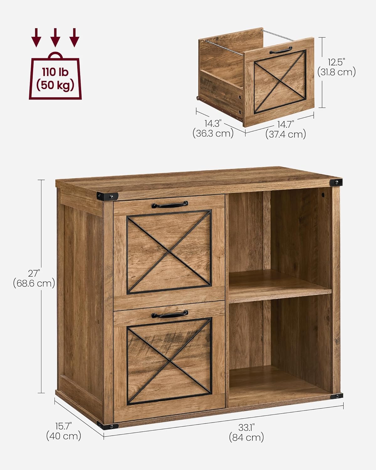 VASAGLE Lateral File Cabinet - Stylish Filing Cabinet with 2 Drawers & Open Compartments | Honey Brown Finish