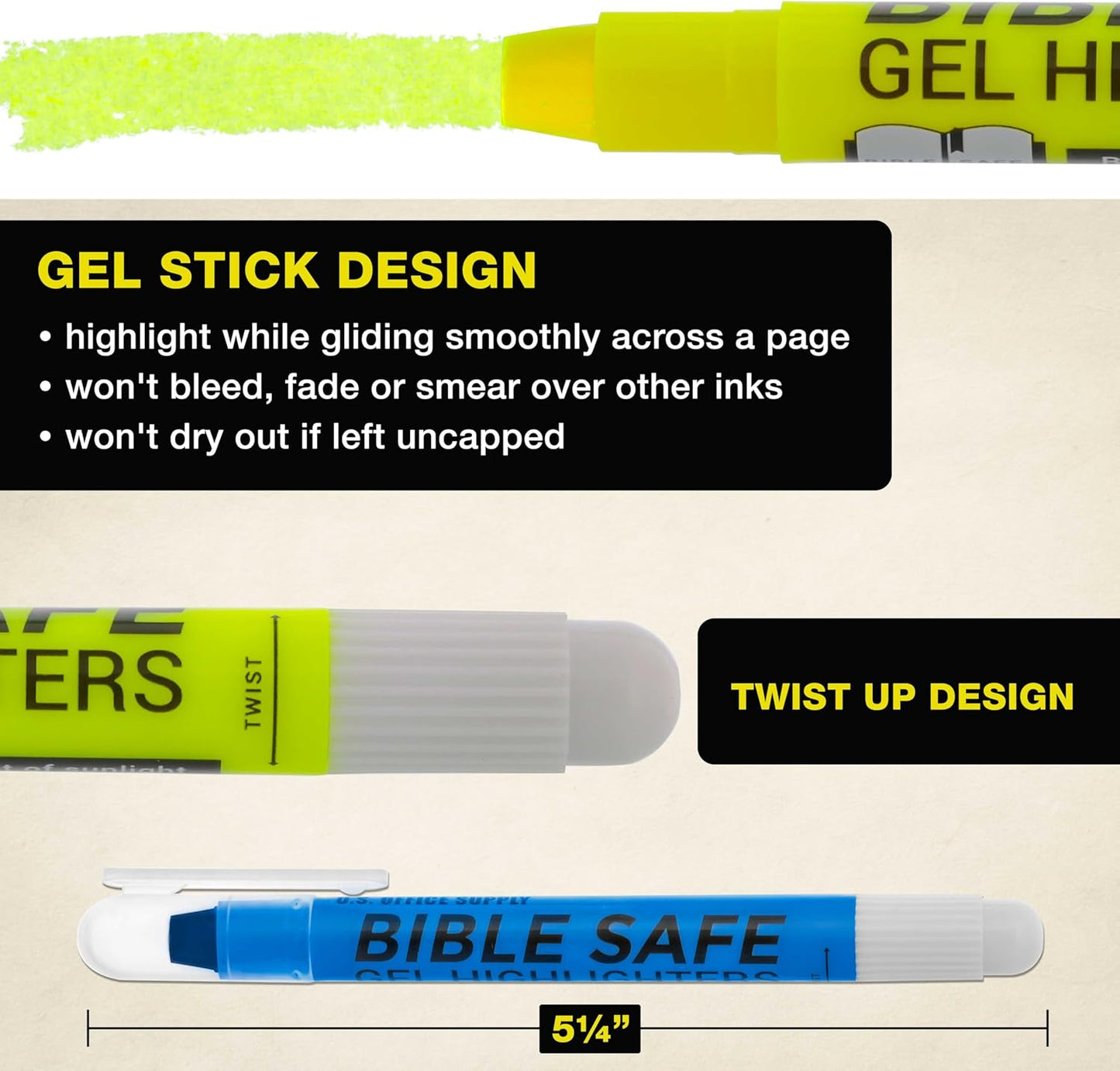 U.S. Office Supply Bible Safe Highlighter Set - 6 Bright Fluorescent Colors, No Bleed Gel Markers