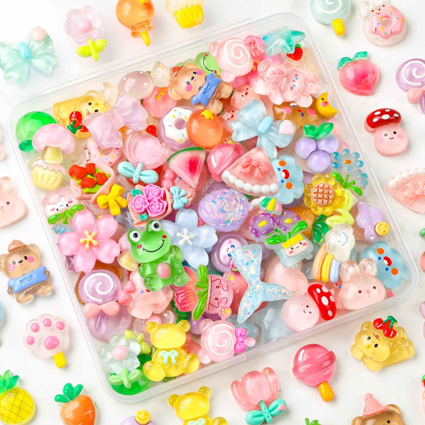 Vellibring 60PCS Cute Slime Charms Mixed Flatback Resin Charms Set,60 Styles Cartoon Making Kit Decorations for DIY Craft Phone Cases Nails Scrapbooking