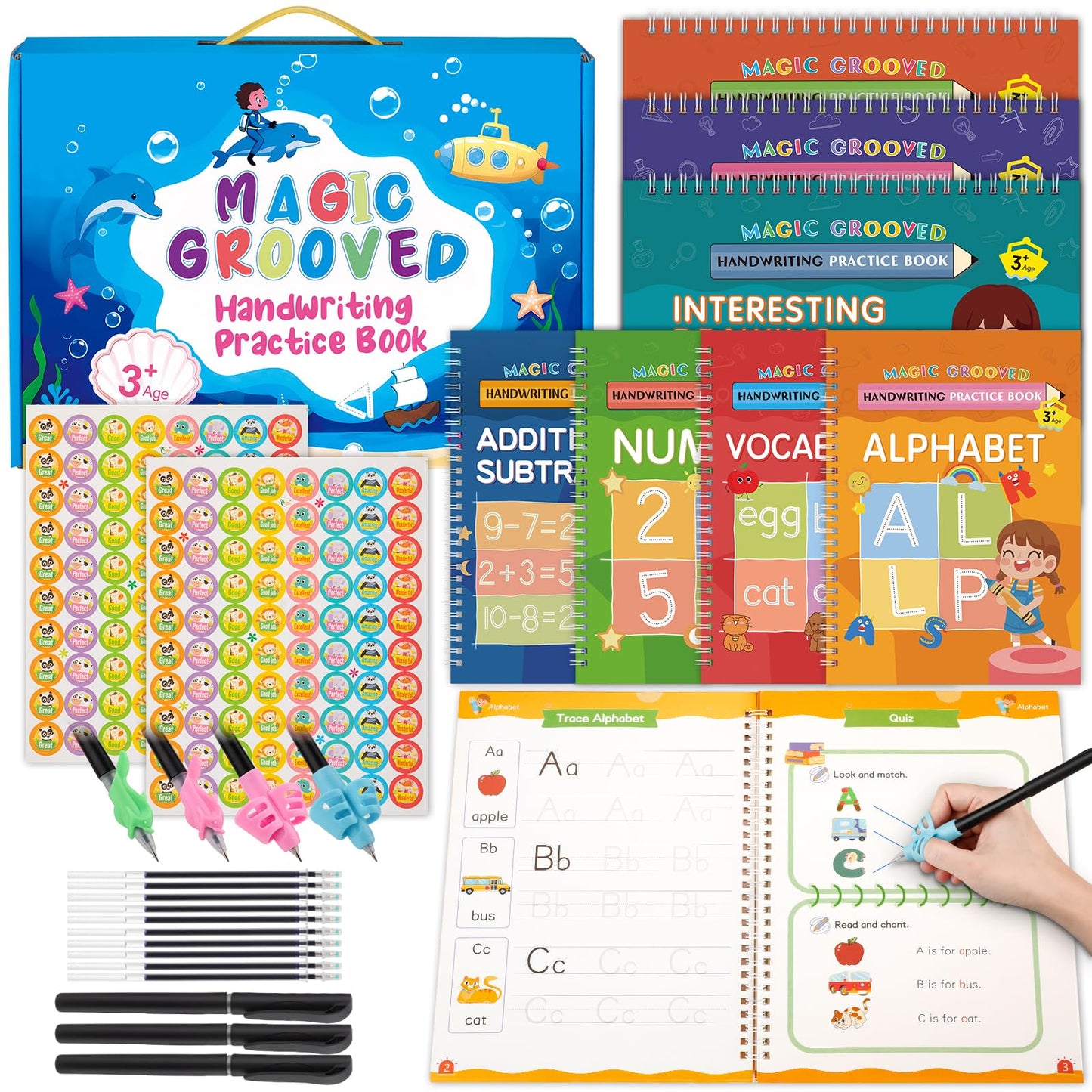 Magic Grooved Handwriting Practice Books for Kids Ages 3-8, Reusable Tracing Book, Preschool Learning Activity, Motor Skills Writing Workbook with Pencil Grips & Magic Ink Pens