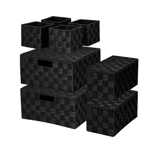 ArcaGuru Woven Polypropylene Basket Set of 8, Woven Storage Basket, Woven Strap Baskets, Woven Basket Organizer for Bedroom, Bathroom, Office, Shelf, Dresser, Kitchen, Pantry, Black
