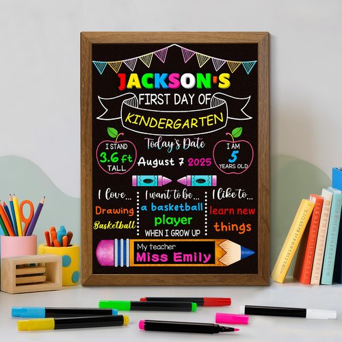 Double-Sided First Day and Last Day of School Board Sign with 6 Colorful Markers,14x12 Inch Reusable Chalkboard, First & Last Day Photo Prop for Kindergarten Preschool Elementary Kids