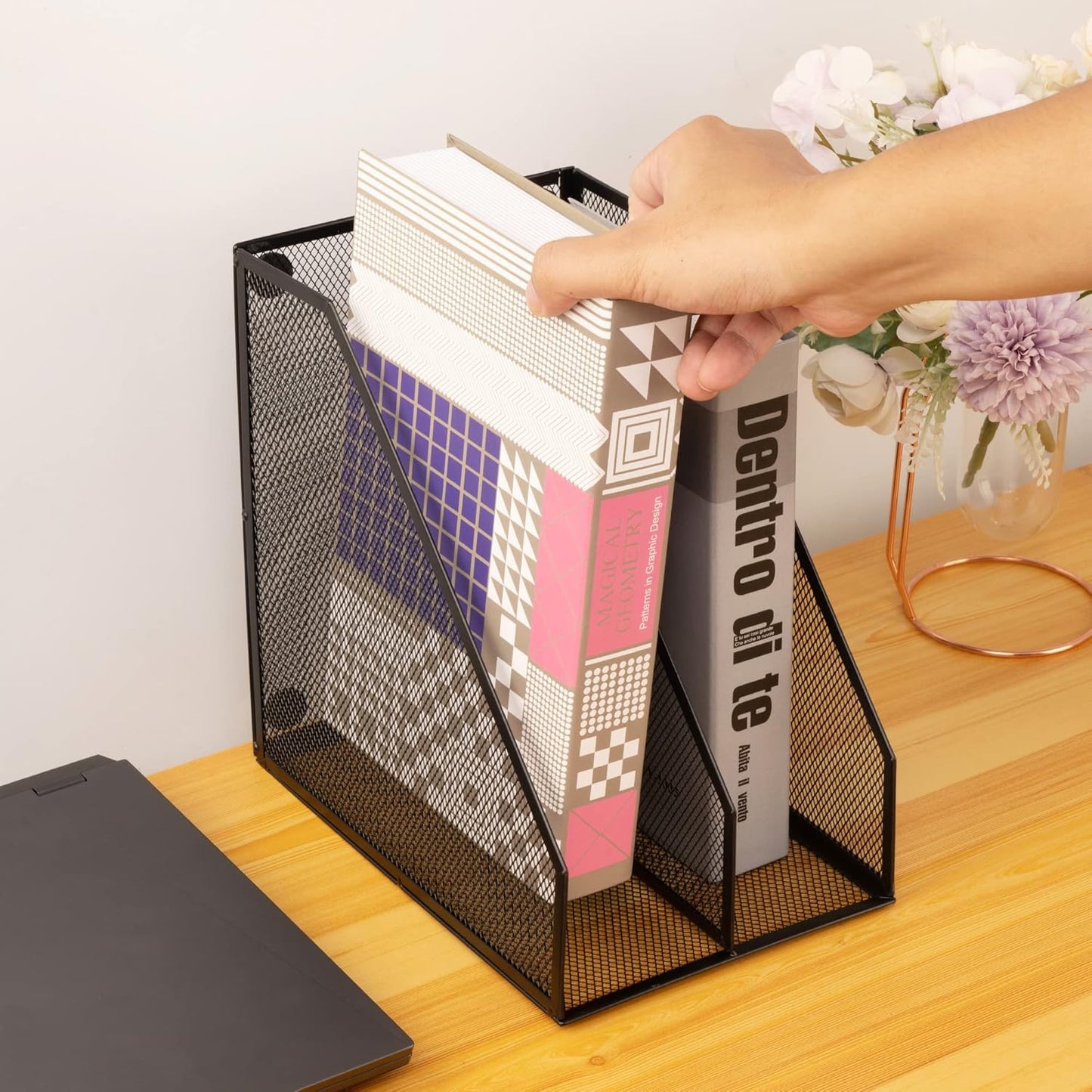 Skiennix Magazine Holder - Metal Wire Design with 2 Compartments | Stylish Black Desk Organizer