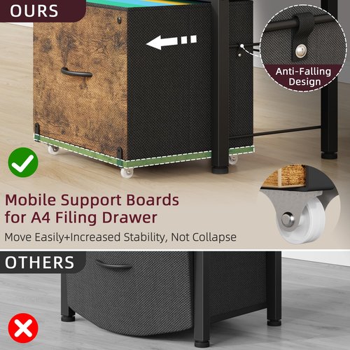HIGDBFE 3-Drawer File Cabinet, Filing Cabinet with 2-Tier Printer Shelves, Office Cabinets with Side Bag&File Drawer for A4/Letter Size, Printer Stand with Storage for Home Office, Rustic Brown
