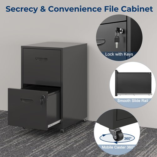 UNICOLY 2 Drawer File Cabinet, File cabinets for Home Office, Metal Filing Cabinet with Wheels, Filing Cabinets with Lock, Printer Stand, for A4, Letter Size Documents, Black