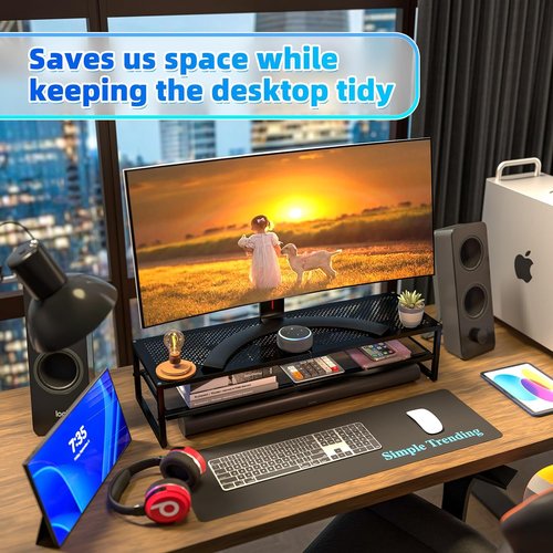 Simple Trending 2-Tier Metal Dual Monitor Stand - Includes 32"x10" Mouse Pad | Black Computer Desk Organizer