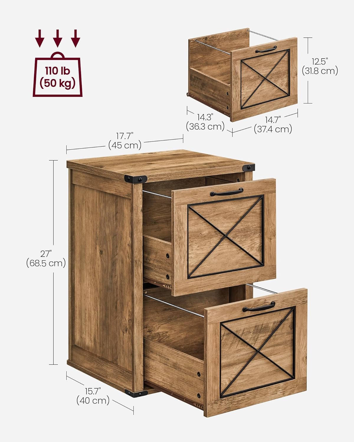 VASAGLE File Cabinet - Modern Farmhouse Filing Cabinet with 2 Drawers for A4 & Letter Size - Honey Brown