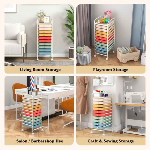 Julimoon 10 Drawer Storage Cart, Rolling Cart with Lockable Wheels, Trolley Utility Cart with Removable Drawers, Mobile Organizer with Handle for Living Room Kitchen Home Office (Macaron)