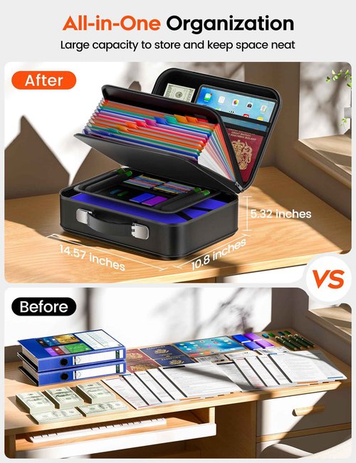 VISFAPAER Fireproof Document Box with Lock, Waterproof Hard Shell File Organizer with 13 Pocket Accordion Folder for Important Documents, Laptop, Passports, Portable Home Office Travel Safe Box