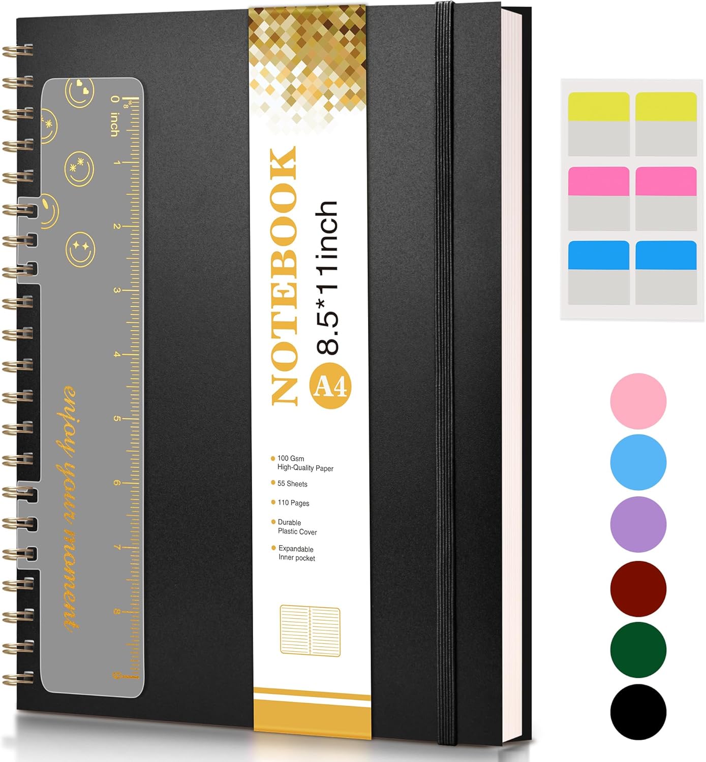 Spiral Notebook Journal - A4 Large 8.5” x 11” | College Ruled, 100 GSM Paper, Plastic Hardcover, Black