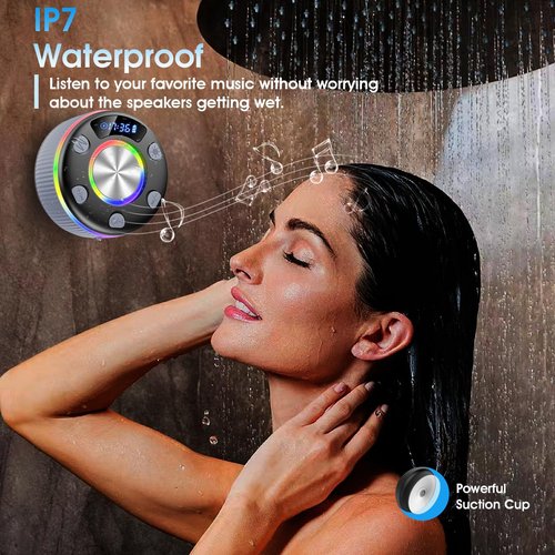 Bluetooth Shower Speaker, IP7 Waterproof Portable Bluetooth 5.3 Speakers with Suction Cup, Mini Wireless Speaker with RGB Lights Time Display, Loud Stereo Sound for Bathroom Beach Outdoor Party, Gray